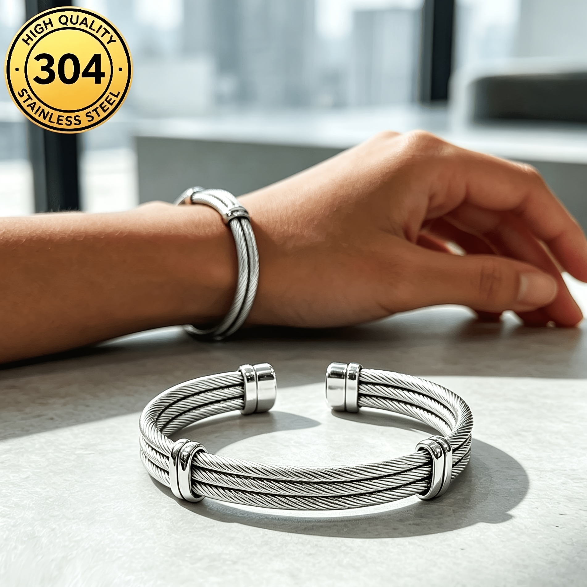 Men's Adjustable Twisted Cable Wire Open Cuff Bangle